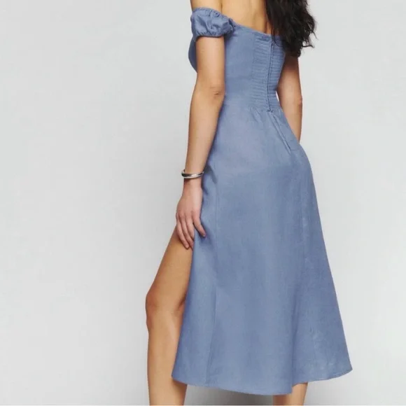 Reformation NWT Bridgton Blue Linen Smocked Midi Dress‎ Size 12